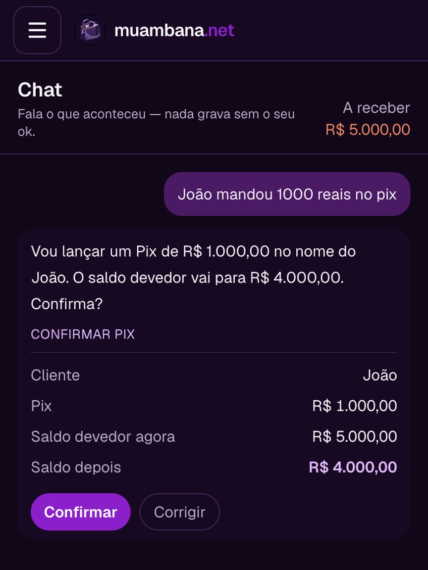 Tela do chat: Pix de João confirmado com saldo do fiado