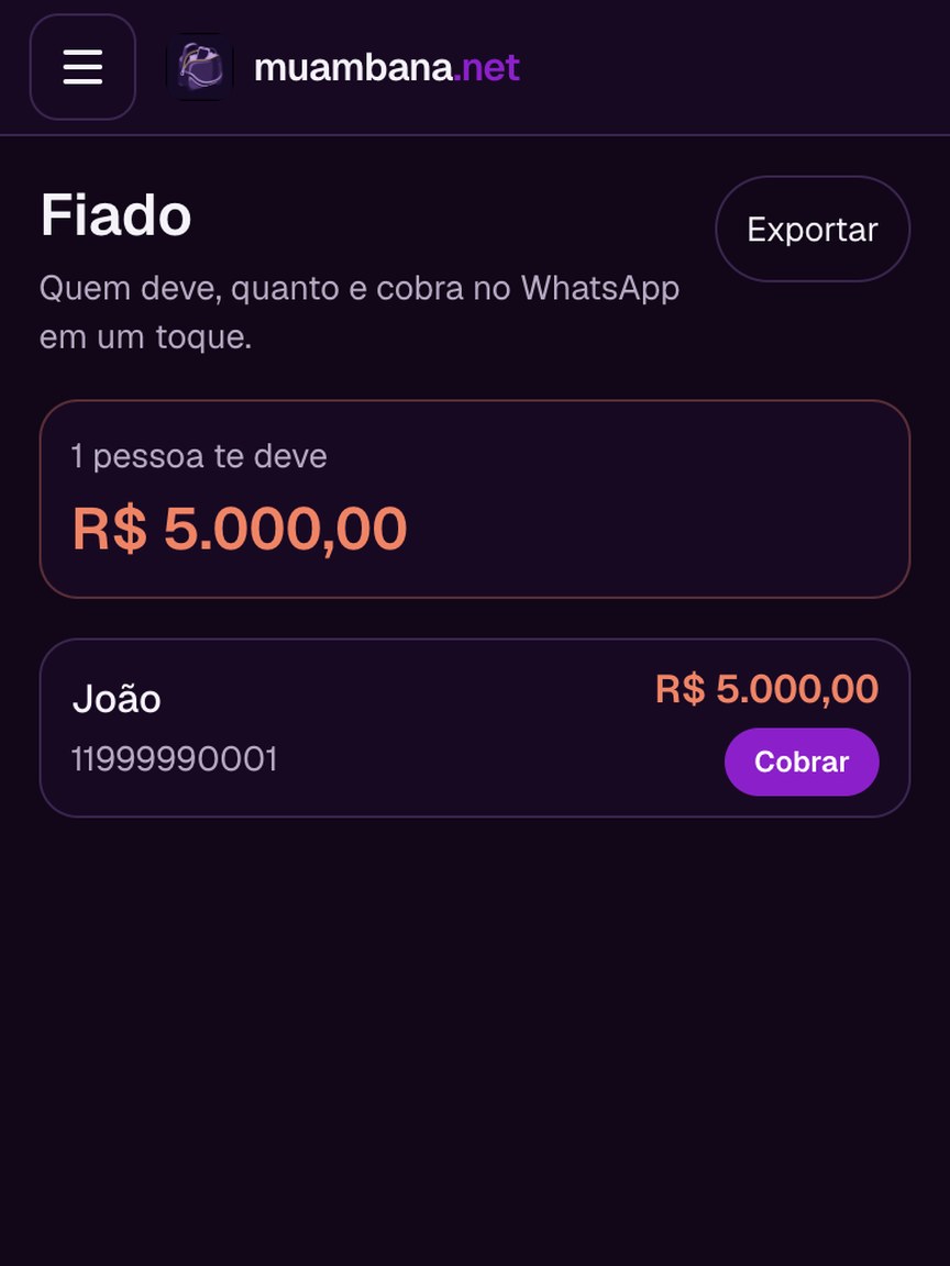 Tela Fiado: João deve R$ 5.000 com botão Cobrar
