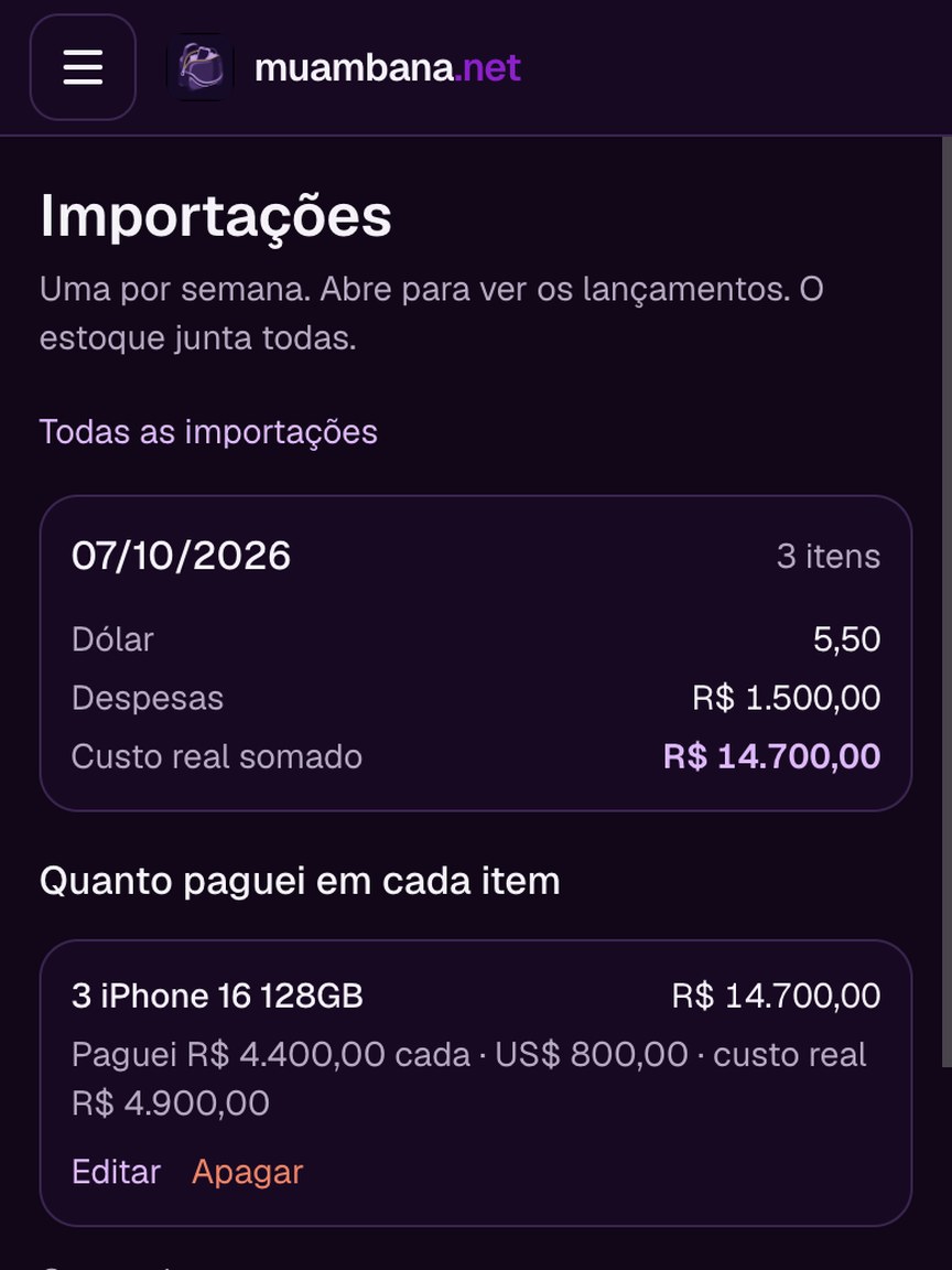 Tela de importação: iPhone com dólar, despesas e custo real