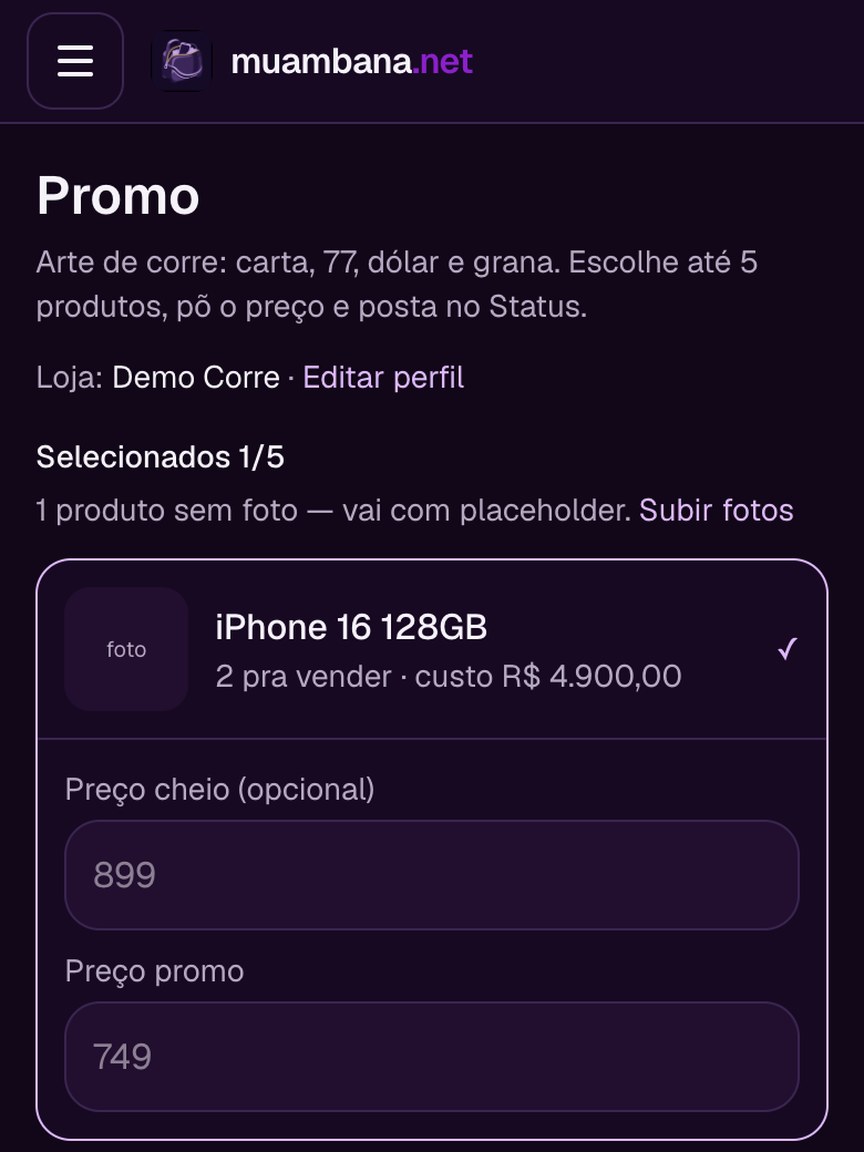 Tela Promo: iPhone selecionado com preço cheio e promo pra gerar arte
